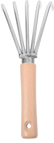 Hemobllo Rastrillo de Mano Pequeño Inoxidable con Mango de Madera Herramienta para Aflojar Suelo y Deshierbe para Jardinería y Recolección de