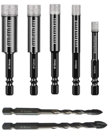 Zzcy 7 Pezzi Punte Trapano Diamantate Gres Porcellanato 6, 8, 10, 12, 14 mm con Punta in Metallo Duro da 6/8 mm Punte Dimantate Trapano Piastrelle per Ceramica, Granito, Porcellana, Vetro
