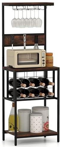 COSTWAY Freestanding Wine Rack, Wine Bar Cabinet with Glass Racks, Bottle Holders & Hooks, Industrial Baker's Rack Wine Holder Display Organizer for Kitchen Dining Room