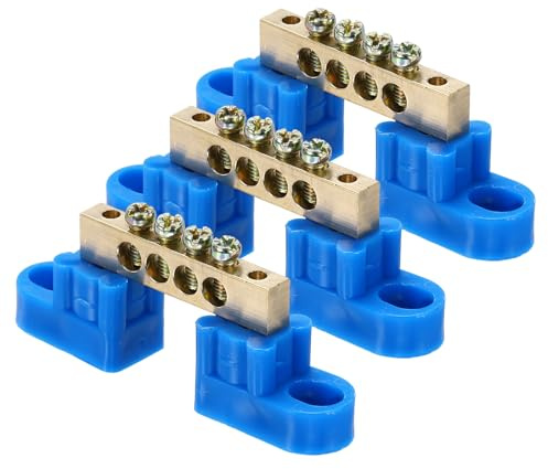 sourcing map 3 barre terminali a terra, 4 posizioni vite in ottone, morsettiera di terra 6 x 9 mm per apparecchiature elettriche, scatola di distribuzione, blu
