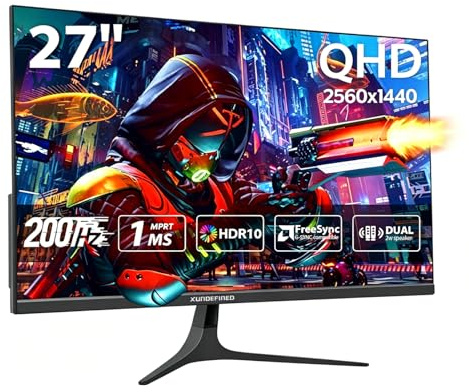 Monitor Gaming 27 Pulgadas 2K QHD (1440P) 180Hz/144Hz, Pantalla IPS Rápida con Altavoces, FreeSync y G-SYNC, 125% sRGB, HDR10, 2x HDMI, 2x DisplayPort, Compatible con Switch/Xbox/PS5, Montaje VESA
