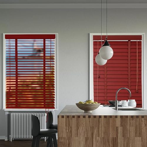 Holzrollos, 30 Stück, 150 cm breit x 50 cm hoch, 50 mm Lamellen, rote Innenverdunkelung, perfekt für Fenster, stilvolle Heimdekoration, verstellbare Lichtsteuerung