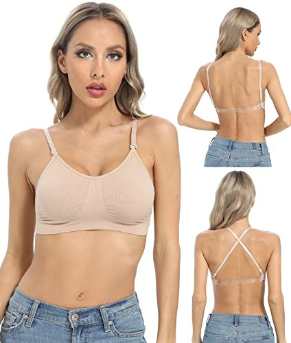 ANGOOL Clear Back Bra Wireless Professional Low-Back Dance Bra, Adjustable Straps Unpadded Backless Design for Ballet & Gym, Beige, L