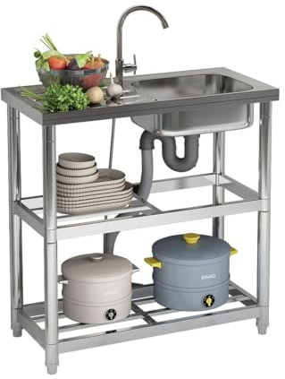CStern Lavabo libre con grifo, fregadero de acero inoxidable independiente, lavabo multifunción con tubo de agua, fregadero de cocina con estantes de almacenamiento, lavabo para lavandería, jardín