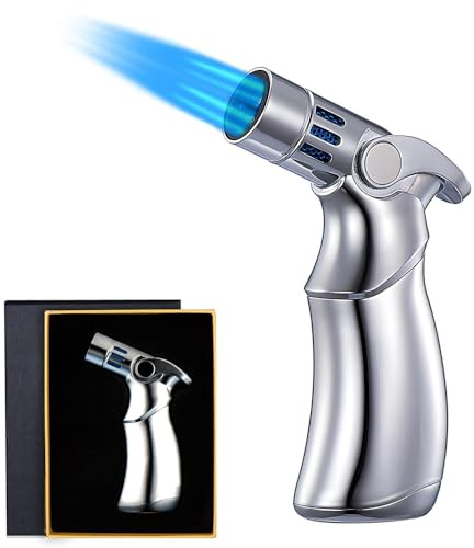 OBD Blow Torch Lighter with Safety Lock & Adjustable Flame Kitchen Blow Torch for Cooking Creme Brulee Desserts BBQ Camping & Searing (Silver)