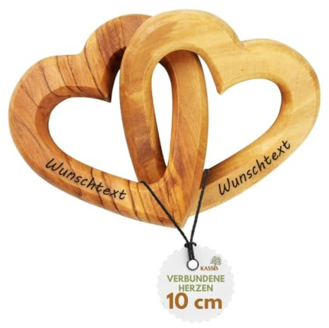 KASSIS Olive Wood Hearts for Bride and Groom, for Valentine's Day, Anniversary, Wedding Anniversary, Birthday - Connected Wooden Hearts - Wedding Gift (Desired engraving, 10 cm)