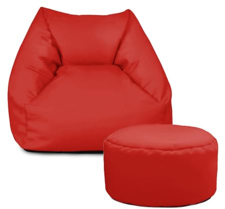 rucomfy Beanbags Snuggle Bean Bag Chair - Kids Armchair Beanbag Seat with Filling Included - Childrens Bedroom Furniture for Boys and Girls - 50 x 46 x 48cm (Red, with Footstool)