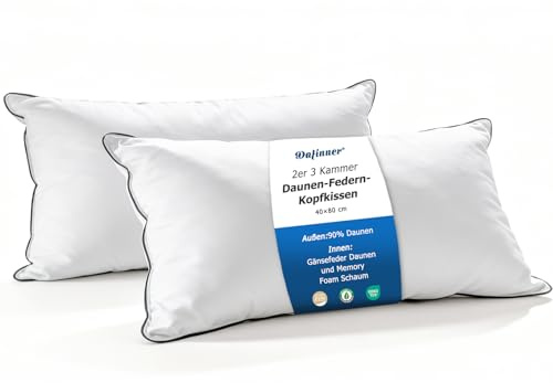 Dafinner 3 cámaras Almohada 40 × 80 cm-2 Unidades, 90% plumón cámaras ext. Mezcla Plumas INT., Oeko-Tex Downpass Soporte Medio Funda algodón orgánico