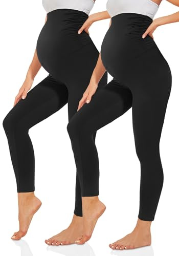 TNNZEET mammaleggings dam, mammamode, ogenomskinliga, graviditetsleggings, mammabyxor, långa med fickor för yoga, A-svart x 2, L