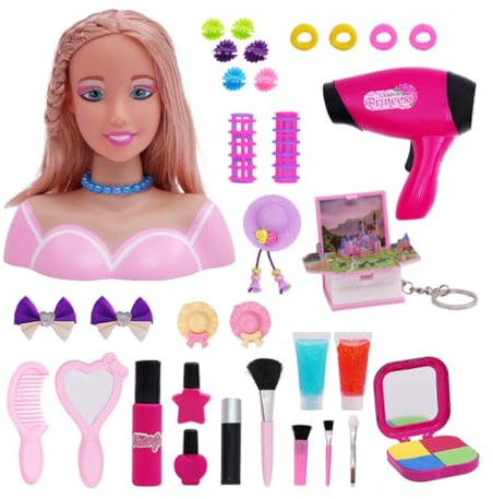 ENGINEMECH Kids Hairdressing Makeup Dolls, Pretend Play Half Action Figure Styling Hair Makeup with Hair Dryer and Hairpin Styling Head Doll Gift 2025