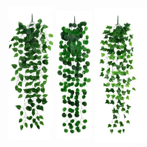 CYRENT 3 plantas colgantes de hiedra artificial para balcón y pared interiores, vides de hiedra sintética con aspecto realista, adecuadas para sala de estar y oficina (1)