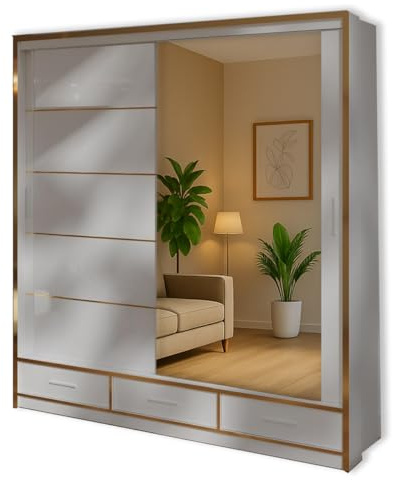 High Gloss Sliding Mirror Wardrobe with Gold Trim – Black or White – 208cm/255cm – Modern Bedroom Storage with Drawers, Shelves & Hanging Rails. (White, 208cm)