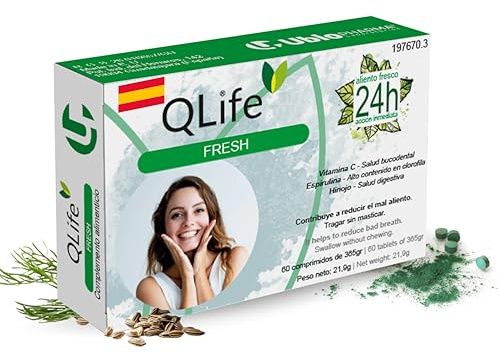 QLife Fresh - 60 Comprimidos para el Aliento Fresco con Espirulina, Hinojo y Vitamina C - Suplemento Natural Herbal para el Cuidado Bucal Diario Halitosis Estomacal