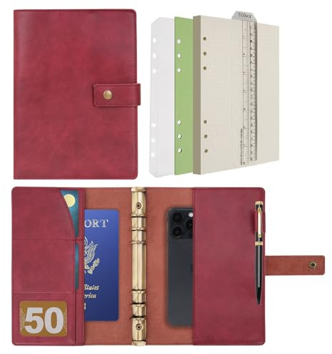 Wonderpool Leder Nachfüllbares Notizbuch Ringbuch A5 Tagebuch - Gepunktetes Papier & Echtleder Innentaschen für Reisearbeit und Organizer (Weinrot, A5)