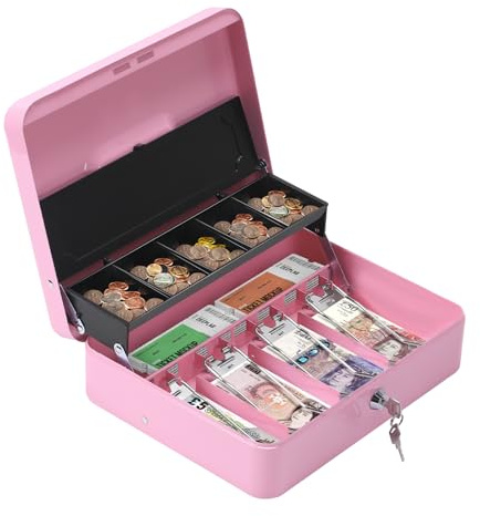 HAITRAL Geldkassette abschließbar, Geldkasse aus Metall, Rosa | Münzeinsatz & 4 Scheinfächer, Tragbare große Geldkassette mit 2 Schlüsseln, B 30 x T 24 x H 9 cm