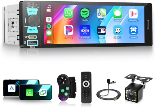 Hodozzy Radio para Coche 1 DIN con Carplay Android Auto Inalámbrico, Pantalla Táctil 6,5 Pulgadas con Bluetooth Radio MP5 Multimedia Coche Am FM RDS, Mirror Link, Type-C/USB/AUX SWC EQ, Cámara Atrás