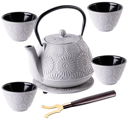 KADAX Tetera japonesa de 1,1 L con 4 tazas de té para té suelto, juego de té japonés de hierro fundido, tetera de hierro fundido con colador, tapa, asa y posavasos (gris)