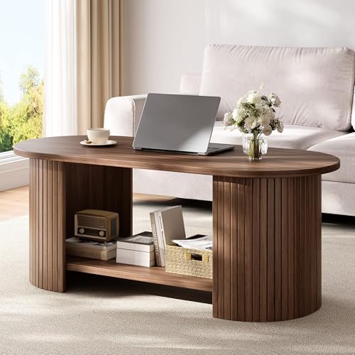 oneinmil Coffee Table, Living Room Table with 2-Tier Storage, Thick Tabletop & Base, 108x50x45cm, for Living Room, Home Office, Small Space, Walnut