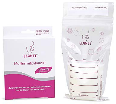 ELANEE Muttermilchbeutel, aufbewahren & einfrieren von Muttermilch, geschmacksneutral und vorsterilisiert, doppelter Sicherheitsverschluss ,20 Stück (1er Pack) (710-00)