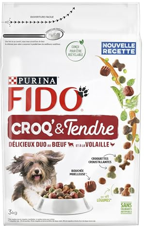 FIDO | CROQ’ & Tendre | Chien Adulte | Croquettes croustillantes et bouchées moelleuses | Délicieux Duo Bœuf & Volaille | Source de protéines de qualité | Produit en France | Sac | Lot de 4 x 3 Kg