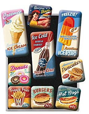 Nostalgic-Art Set di Magneti Vintage American Diner – Idea Regalo per Amanti delle cene, Decorazione del Frigorifero, Design nostalgico, 9 Pezzi, 9 unità