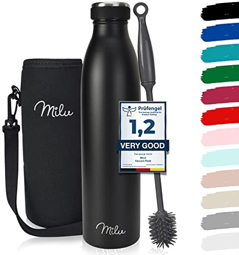 Milu Thermoflasche 350ml 500ml 750ml 1L 1,5L Isolierte Edelstahl Trinkflasche Thermoskanne Auslaufsichere Isolierflasche doppelwandig für heiße und kalte Getränke, Kohlensäure geeignet (Schwarz, 1L)