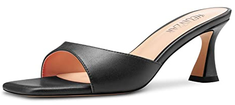 HEUIVZAR Femmes Mi Kitten Talon Heel Ouvert Carré Bout Mules Chaussures Slip-on Bureau Party Cute 6.5 CM Heels Noir 43 EU