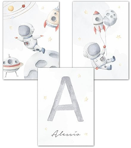 double critical Wandbilder Kinderzimmer Poster 3er Set Name personalisiert Bild Babyzimmer Boho Astronaut Junge Poster Jungen Wanddeko A4 A3 Blau