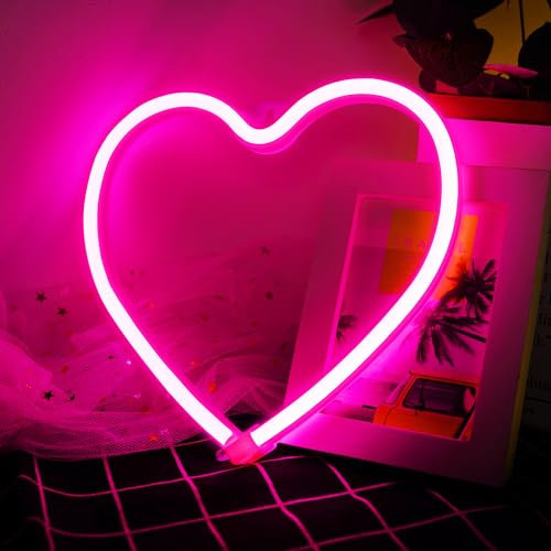 Insegna al neon a forma di cuore rosa, luce a LED, 3 batterie AA o alimentata tramite USB, decorazione per camera delle ragazze, dormitorio, matrimonio, anniversario, San Valentino, festa della mamma,