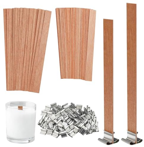 Riisoyu 60 Piezas Mechas de Madera para Velas con 60 Roportes de Hierro, Wood Wick Cortable Velas Artesanales Velas Mecha Natural Ecológica con Bases Metal Sin Humo Mecha Vela Madera DIY Accesorios