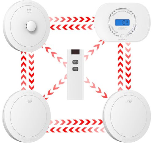 CPVAN Wireless Interlinked Smoke, Heat & Carbon Monoxide Alarm Bundle, Scotland & England Law Compliant | 10-year Battery Life, Pre-Linked Fire Detectors for Home,4 Pack + 1 Remote（2nd Generation）