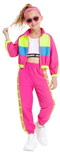 LOLANTA Ensemble de 3 vêtements hip-hop pour filles, survêtement rétro colorblock des années 80, débardeur court, veste zippée, pantalon de jogging, rose vif, 4-5 ans, 110