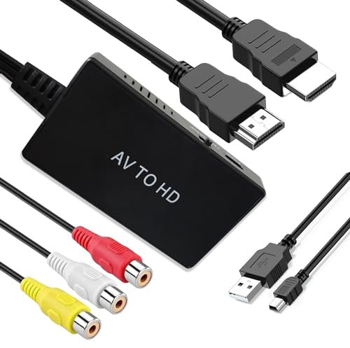 Pkouocry Convertisseur RCA vers HDMI, 720P/1080P Adaptateur AV to HDMI Vidéo Audio Convertisseur avec Cãble HDMl Supporte PAL/NTSC pour PS2 PS3 Xb0x Snes STB VHS VCR DVD