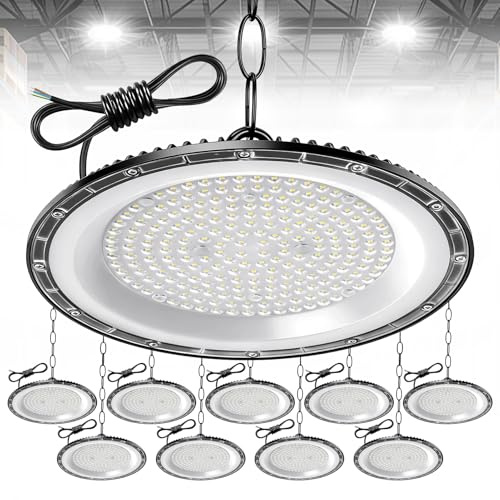 Hondony 10Pack 300W UFO LED Lámpara de Alta Bahía, 30000LM Focos Interior Techo,6500K Ultrafina Iluminación de Almacén,IP66 Impermeable Naves Industriales Para Patio,Garaje,Fábrica,Taller