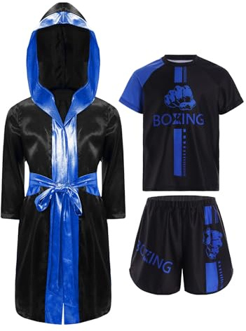 Kaerm Kinder Junge Kampfsport Kleidung Muay Thai Anzug Langarm Boxer Mantel Boxen Kapuzenuamhang Mit Sportshirt Shorts Boxer Kostüm Blau 146-152