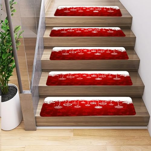 Odot Treppenstufen Matten, Stufenmatten,Rote Weihnachten Treppenteppich, Gummimatte Außenbereich, Stufenmatten Innen, 100% Polyester TPU -Rücken für Kinder, Älteste (13 Stück,Schneeflocke 2)