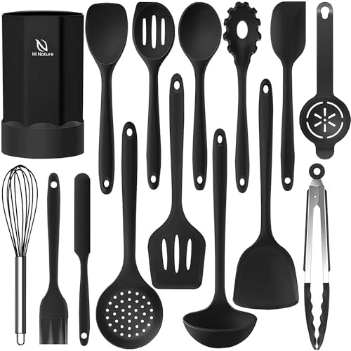 Hi Nature KÖKSREDSKAP I SILIKON, 15 DELAR MED HÅLLARE, VÄRMEBESTÄNDIGT, BPA-FRI, NON-STICK, DISKMASKINSSÄKERT, SVART