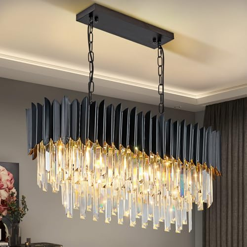 KUNYEEE Moderne Luxus Kristall Pendelleuchte, schwarzer Kristall Kronleuchter, 8xE14 Raindrop Kronleuchter Leuchte Flush Mount Deckenleuchte für Esszimmer, 80x30 cm