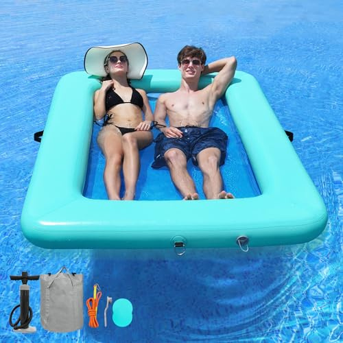 Rectangle Floating Ring 6.6ft x 5ft Inflatable Water Hammock Pool Floats Adult Lounger Float Floating Island Raft Platform Tanning Pool for Family Pool Ocean River Sunbathing