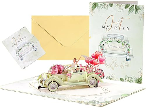Qaestuan Glückwunschkarte zur Hochzeit, 3D Pop-up Karte Hochzeits mit Oldtimerauto und Blumenmotiv, Hochzeitskarte mit Umschlag, Hochzeitskarte Hochzeitsauto, für Valentinstag, Verlobung, Hochzeit