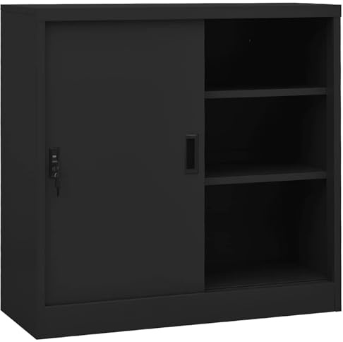 Fecpoo Arkivskåp, skjutdörr, antracit 90 x 40 x 90 cm, stål, 60 kg bärkraft, 2 hyllor, säkert förslutbar, för kontorsorganisation