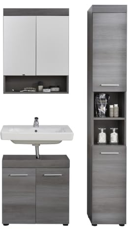 trendteam smart living - Runner - Badkombination - Grau - Hochschrank, Waschbeckenunterschrank, Spiegelschrank - (BxHxT) 103 x 190 x 31 cm - silberfarbener Griff | B 103 x H 190 x T 31 cm · feuchtraumgeeignet · optional mit LED-Beleuchtung