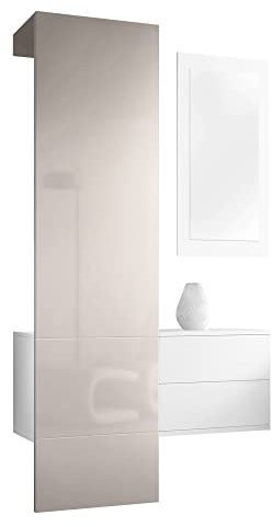 Vladon Garderobe Carlton Set 2, Made in Germany, Garderobenset bestehend aus 1 Garderobenpaneel, 1 Schubkastenschrank und 1 Wandspiegel, Weiß matt/Sandgrau Hochglanz (105 x 193 x 35 cm)