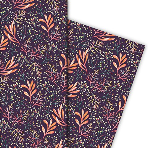 Tolles Geschenkpapier Set (4 Bogen), Dekorpapier, Papier zum Einpacken mit Korallen Blumen, lila, universal Packpapier um schöner zu schenken 32 x 48cm