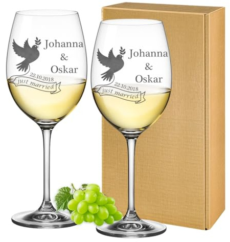 Leonardo Weingläser Personalisiert mit Gravur Rotweinglas, Weißweinglas 460 ml - Wein-Glas Geschenkidee für Paare Hochzeit, Verlobung - Motiv Hochzeitstaube