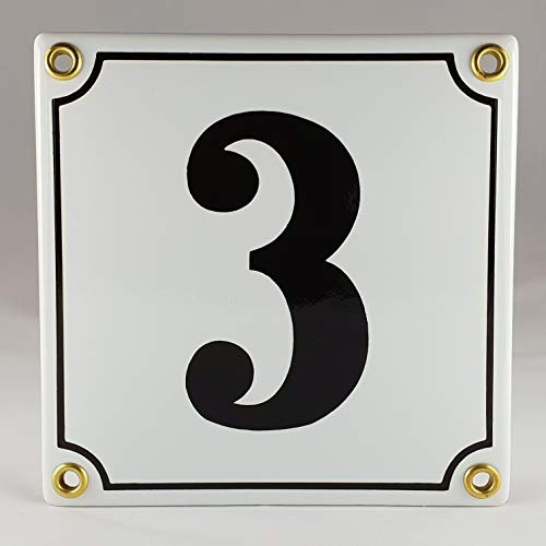 Emaille Schild Hausnummer 3 Schwarz-Weiß Handarbeit
