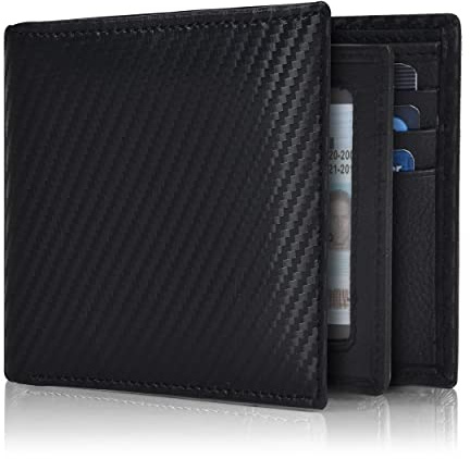 Real Leather Bifold Wallet for Men - Wallets with 9 Credit Cards 1 ID Window Slim Minimalist Front Pocket Billfold (Black)