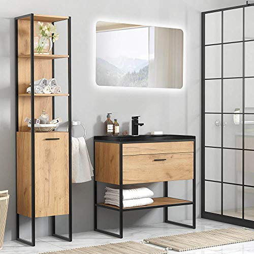 Lomadox Badezimmermöbel Set im Industrial Design, Eiche mit schwarz, 80cm Keramik-Waschtisch