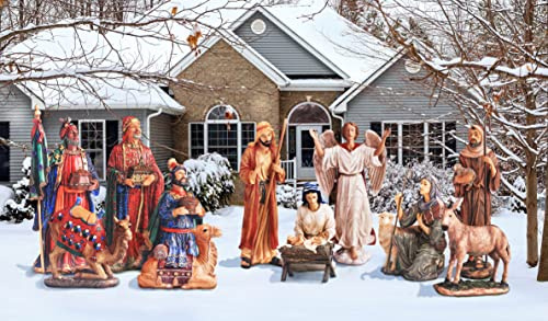 Complete 12pc Outdoor Nativity Set 51 Tall - Lifelike High Res, Sturdy 22 Gauge Flat Metal, Strong Windguard Bracing. Includes Baby Jesus, Joseph, Mary, Shepherds, Wisemen, Animals