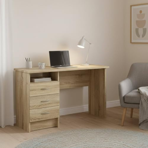 Dmora Linearer Schreibtisch mit drei Schubladen, Eichenfarbe, Maße 120 x 72 x 48 cm